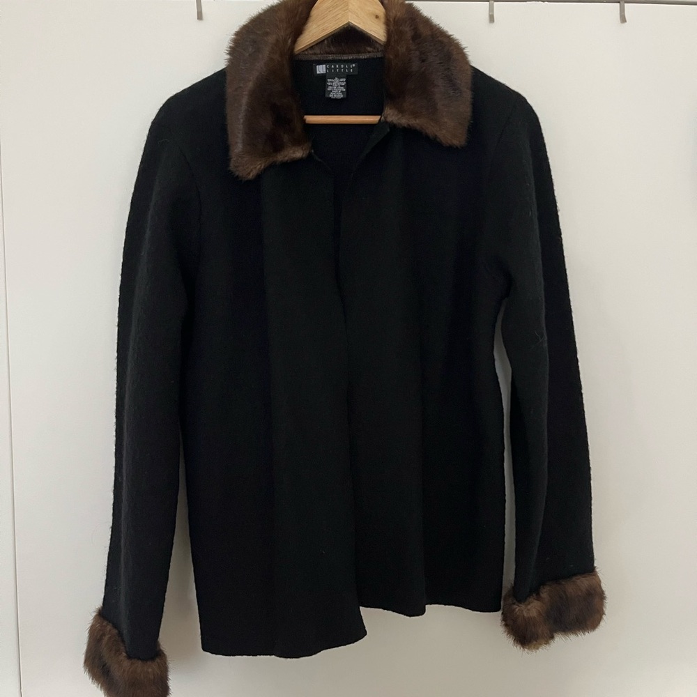Vintage Carole Little Black Wool Jacket with Brown Faux Fur Collar